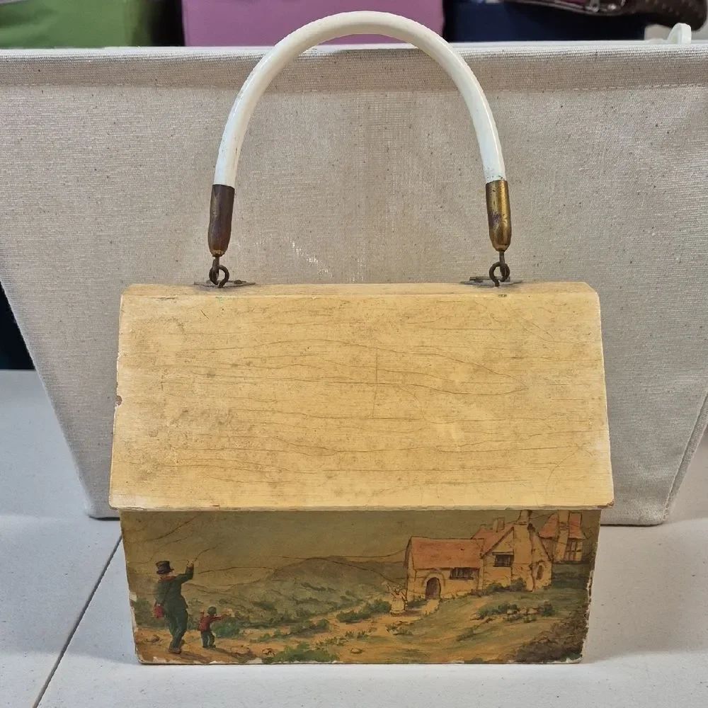 Vintage Cream Wooden Handbag with Scenic Design